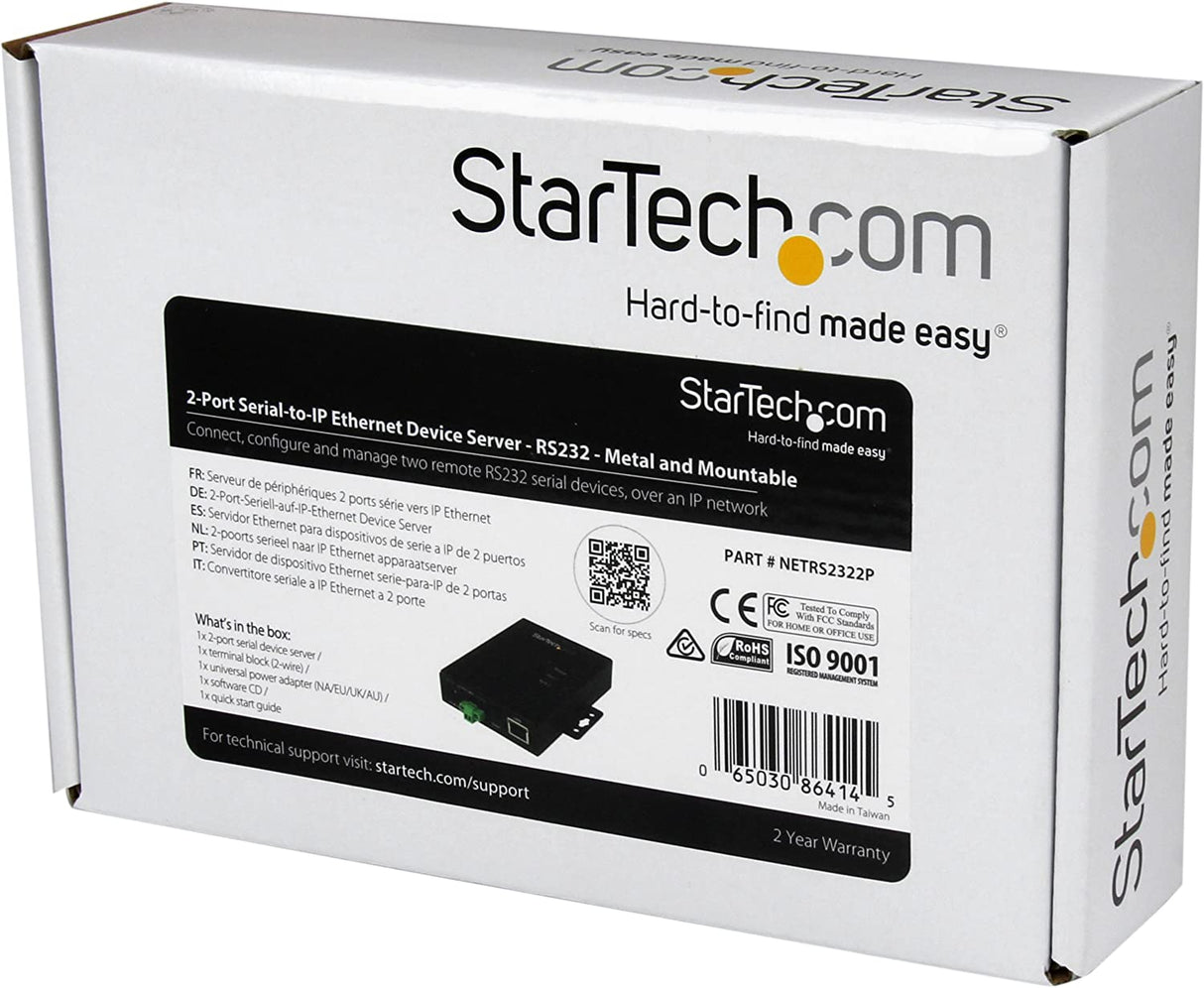 StarTech.com 2 Port Serial-to-IP Ethernet Device Server - RS232 - Metal and Mountable - Serial Device Server - RS232 Serial-Over-IP (NETRS2322P)