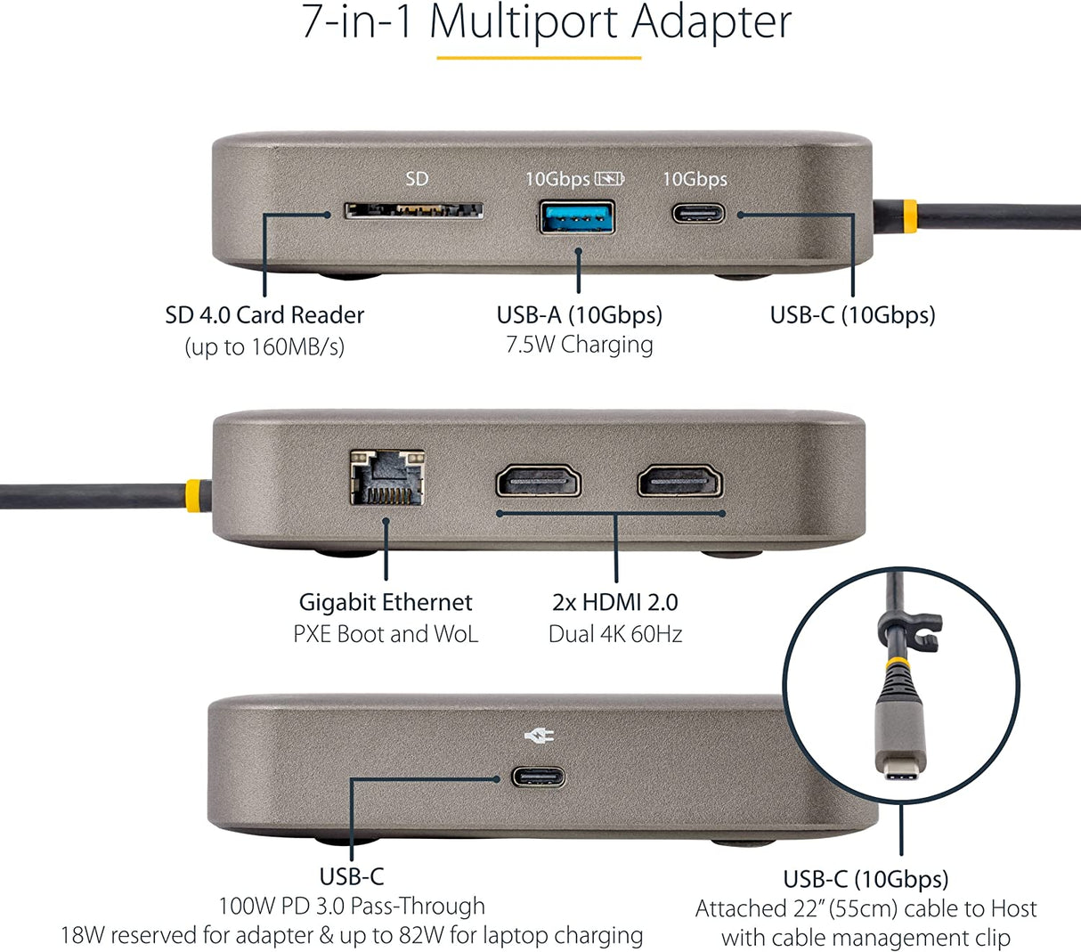 StarTech.com USB C Multiport Adapter, Dual 4K 60Hz HDMI 2.0b, HDR10, 2X 10Gbps USB Hub, 100W PD Pass-Through, GbE, SD, 14"/35cm Cable, Mini Dock, Laptop Docking Station, Win/Mac (102B-USBC-MULTIPORT) Dual HDMI 4K 60Hz 10 Gbps