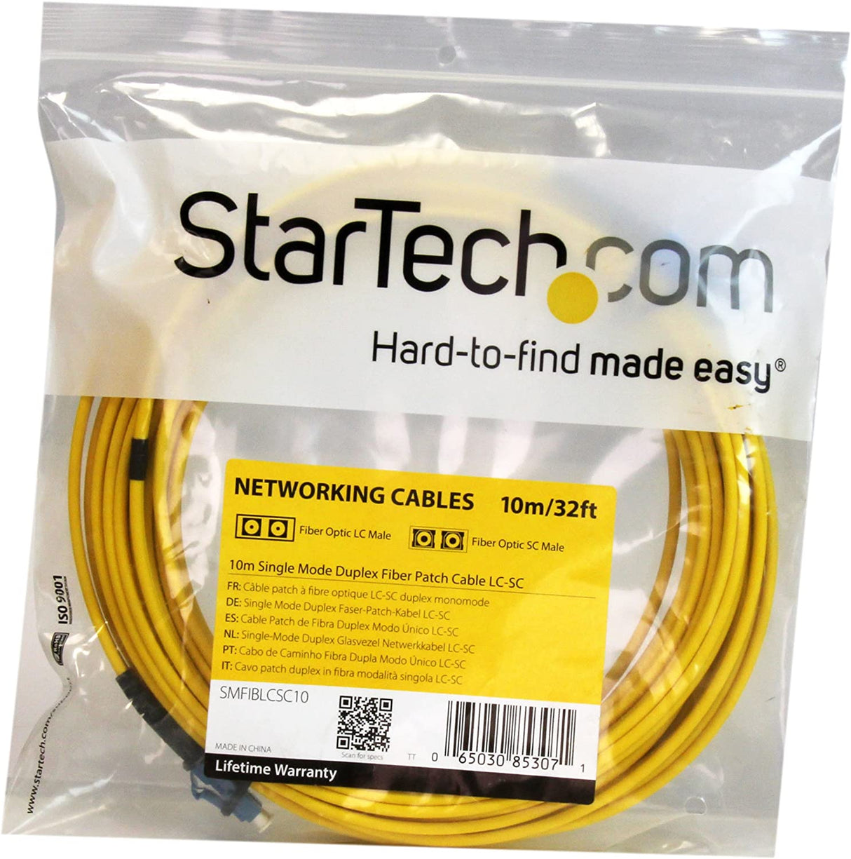 StarTech.com 10m Fiber Optic Cable - Single-Mode Duplex 9/125 - LSZH - LC/SC - OS1 - LC to SC Fiber Patch Cable (SMFIBLCSC10) Yellow 33 ft / 10 m LC to SC Single-Mode Duplex 9/125