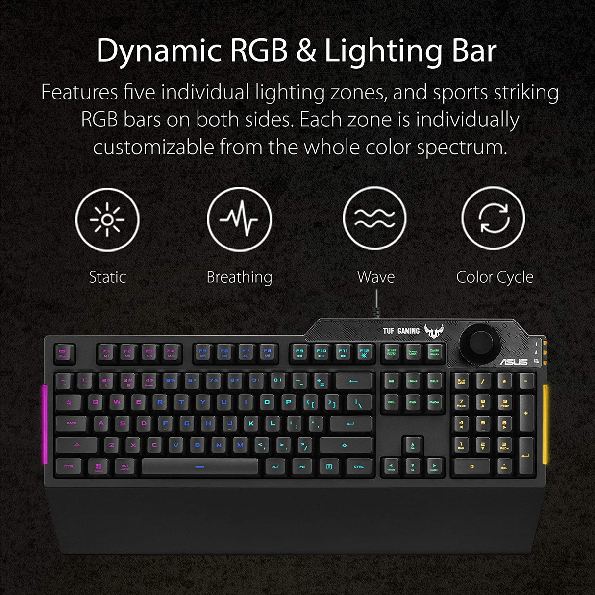 ASUS Membrane Gaming Keyboard for PC - TUF K1 | Programmable, Onboard Memory | Dedicated Volume Knob, Aura Sync RGB &amp; Side Lighting | Detachable Wrist Rest | Spill-Resistant | Highly Durable | Black TUF K1 Keyboard