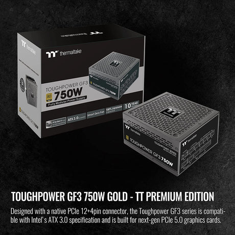 Thermaltake Toughpower GF3 750W 80+ Gold Full Modular SLI/Crossfire Ready ATX 3.0 Standard Power Supply, PCIe Gen.5 12VHPWR Connector Included, PS-TPD-0750FNFAGU-4, 10 Year Warranty Black 750W GF3 ATX3.0