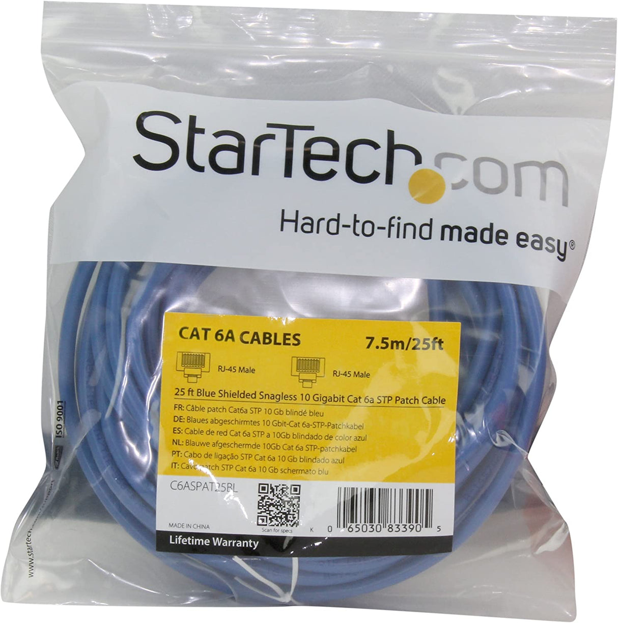 StarTech.com 25ft CAT6a Ethernet Cable - 10 Gigabit Shielded Snagless RJ45 100W PoE Patch Cord - 10GbE STP Network Cable w/Strain Relief - Blue Fluke Tested/Wiring is UL Certified/TIA (C6ASPAT25BL) 25 ft Blue
