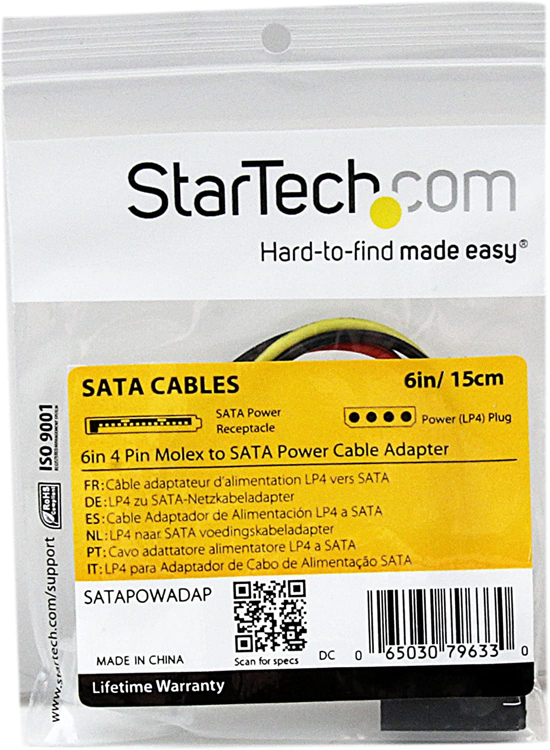 StarTech.com 6in 4 Pin LP4 to SATA Power Cable Adapter - LP4 to SATA - 6in LP4 to SATA Cable - 4 pin to SATA Power Straight