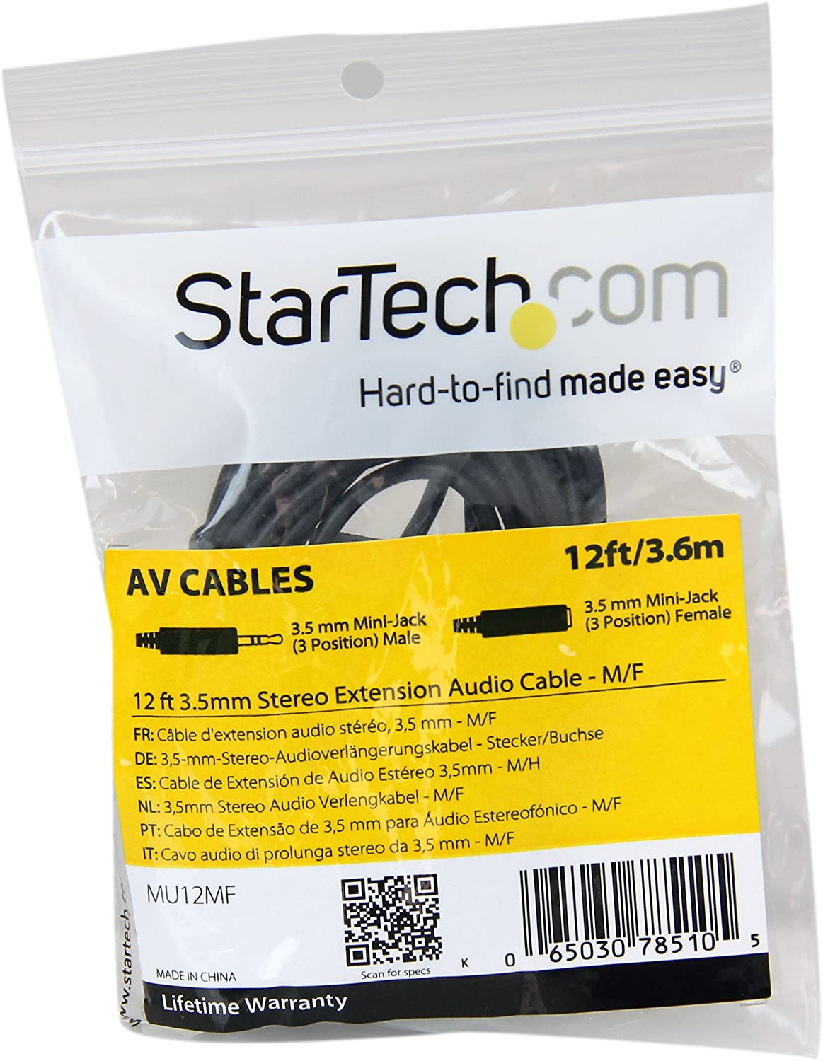 StarTech.com 12 ft. (3.7 m) 3.5mm Audio Extension Cable - PC Speaker Extension Audio Cable - Strain Relief - Black - Aux Cable (MU12MF) 12 ft / 3.5m Standard