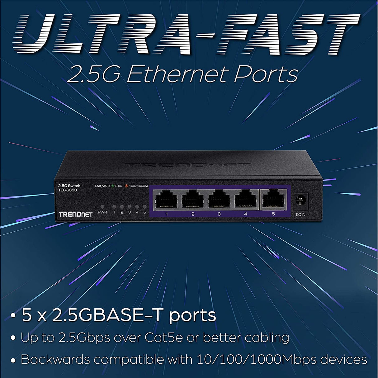 TRENDnet 5-Port Unmanaged 2.5G Switch, 5 x 2.5GBASE-T Ports, 25Gbps Switching Capacity, Backwards Compatible with 10-100-1000Mbps Devices, Fanless, Wall Mountable, Black, TEG-S350