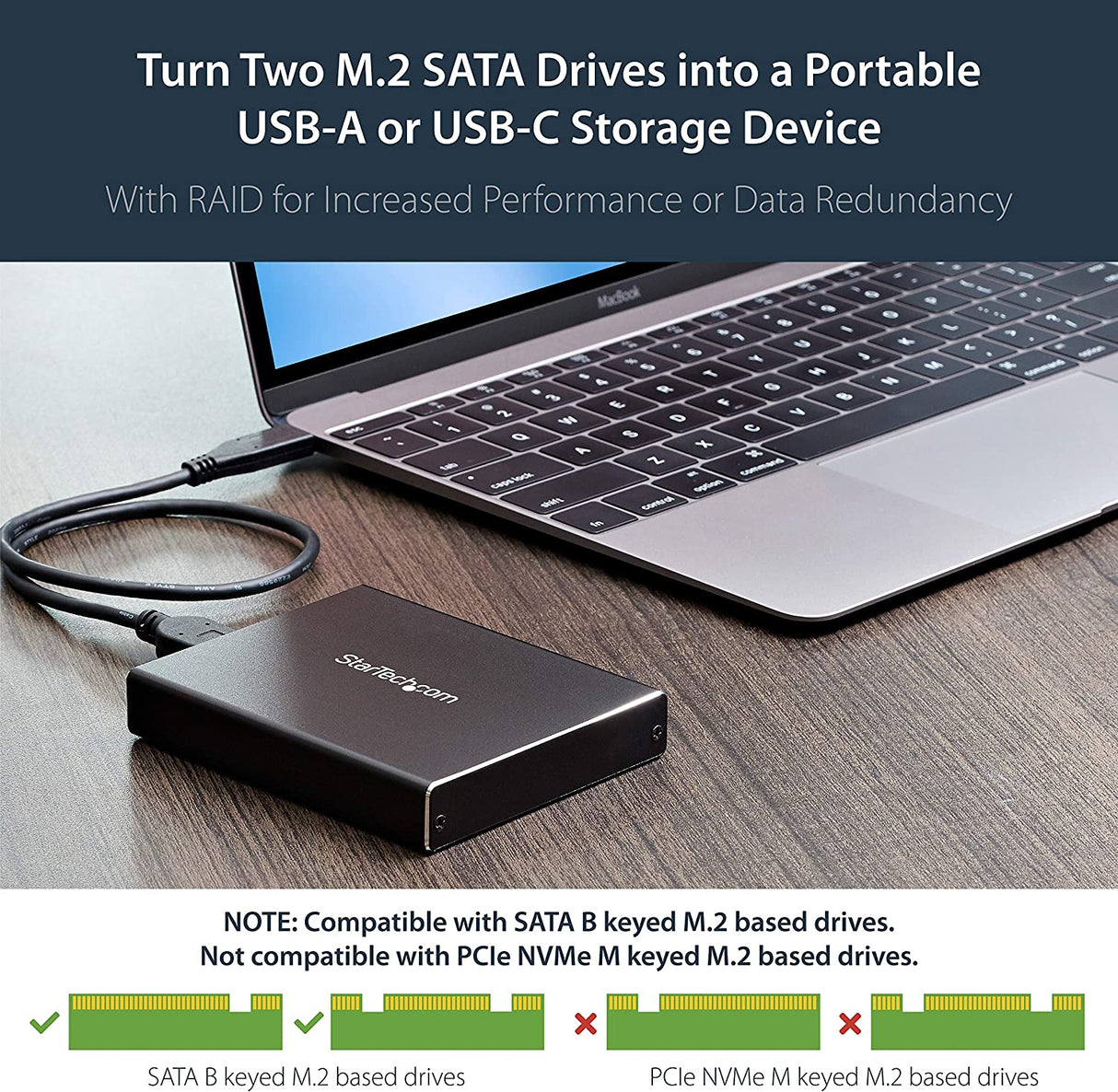 StarTech.com Dual-Slot Hard Drive Enclosure for M.2 SATA SSDs - USB 3.1 (10Gbps) - Aluminum - M.2 to SATA - Raid Drive Enclosure (SM22BU31C3R) USB-A &amp; USB-C Dual M.2 SATA