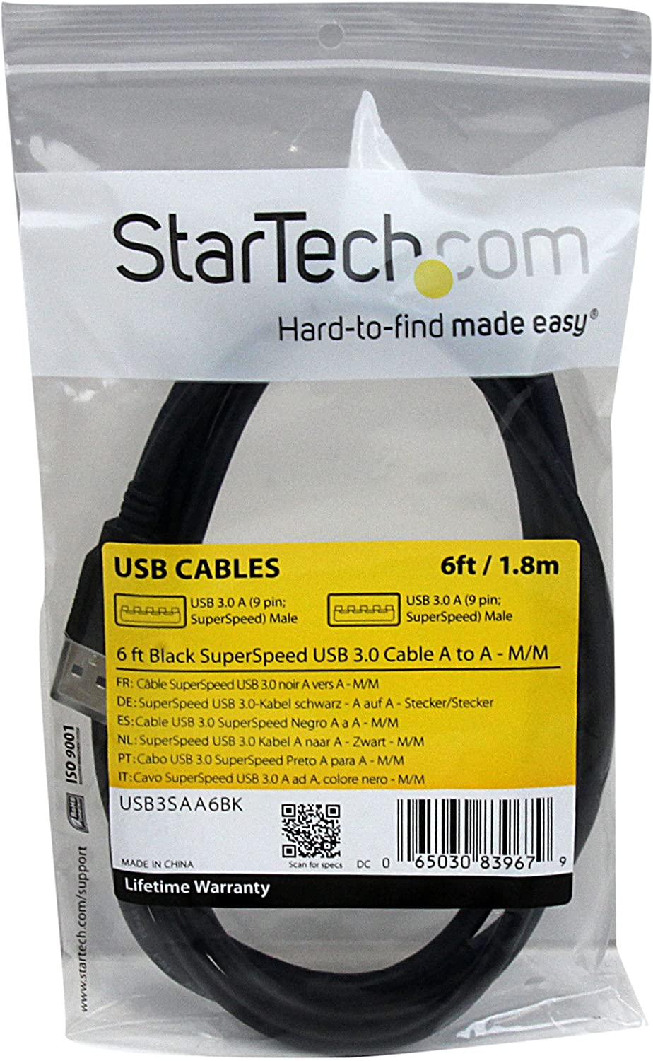 StarTech.com 6 ft / 2m Black SuperSpeed USB 3.0 Cable A to A - USB 3 A (m) to USB 3 A (m) (USB3SAA6BK)