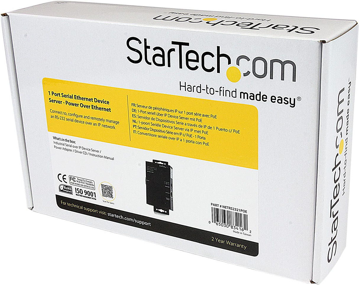 StarTech.com 1 Port RS232 Serial Ethernet Device Server - PoE Power Over Ethernet - Serial Over IP Device Server Adapter - PoE-Powered (NETRS2321POE)