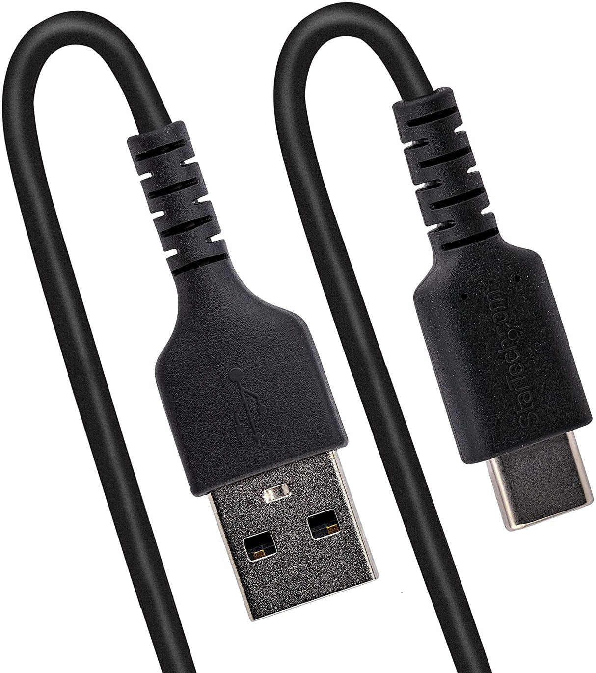 StarTech.com 3ft (1m) USB A to C Charging Cable, Coiled Heavy Duty Fast Charge &amp; Sync USB-C Cable, USB 2.0 A to Type-C Cable, Rugged Aramid Fiber, Durable Male to Male USB, Black (R2ACC-1M-USB-CABLE)