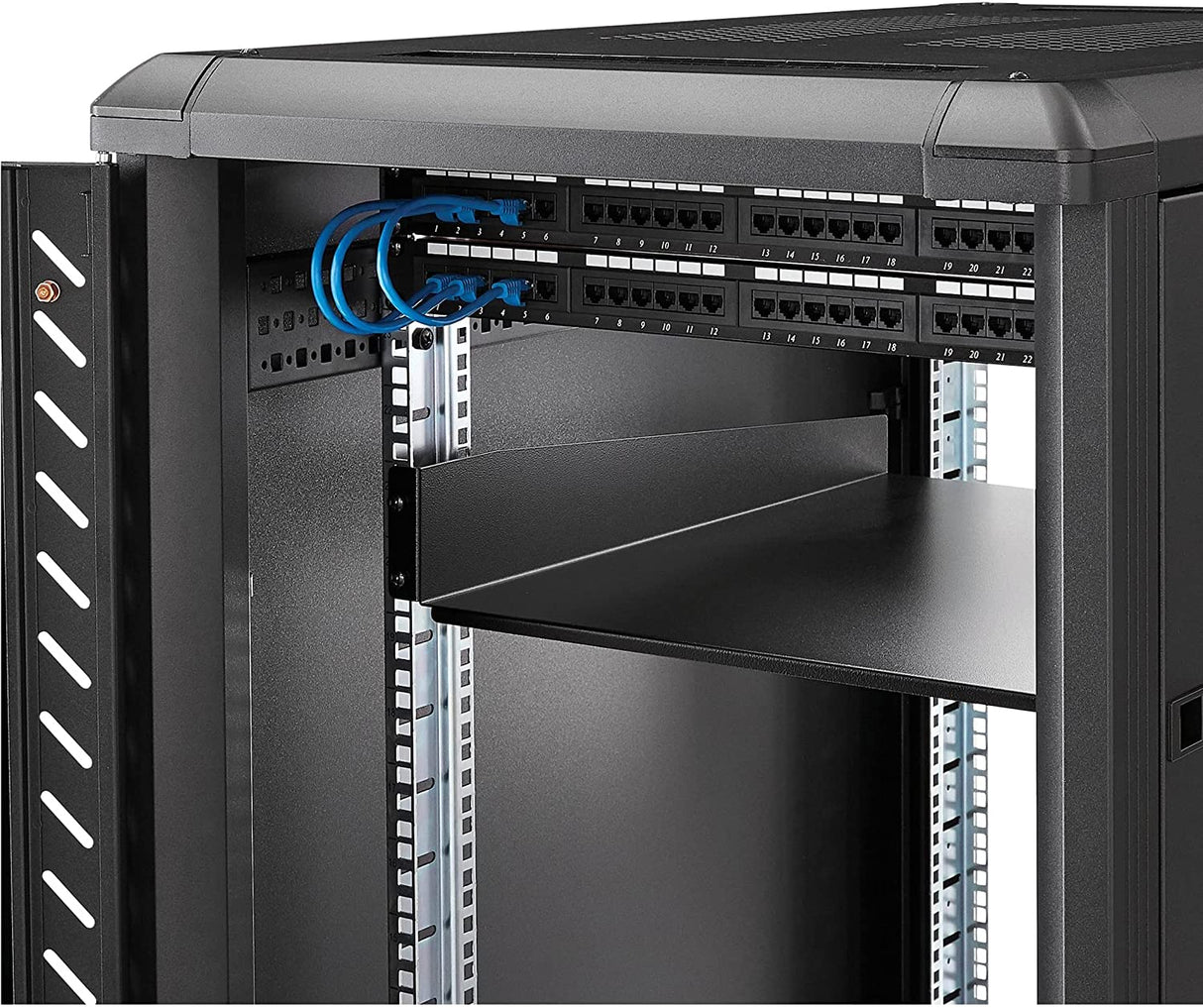 StarTech.com 2U Server Rack Shelf - Universal Rack Mount Cantilever Shelf for 19" Network Equipment Rack &amp; Cabinet - Heavy Duty Steel Weight Capacity 50lb/23kg - 22" Deep Tray, Black (CABSHELF22) 22" Depth 22" Depth
