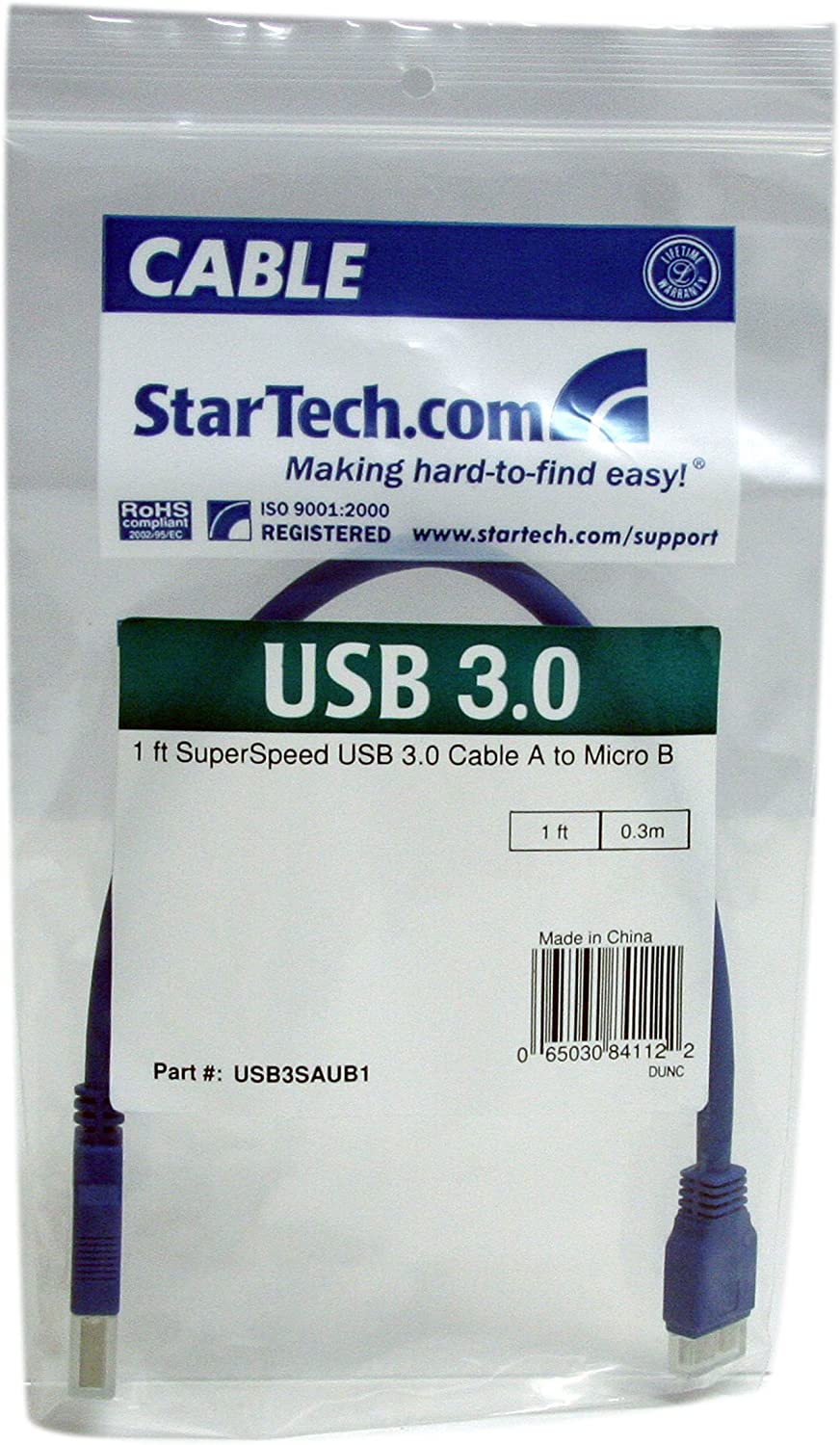 StarTech.com 1 ft SuperSpeed USB 3.0 Cable A to Micro B - 30cm USB 3 to Micro B Cord (USB3SAUB1), Blue 1 Feet Blue