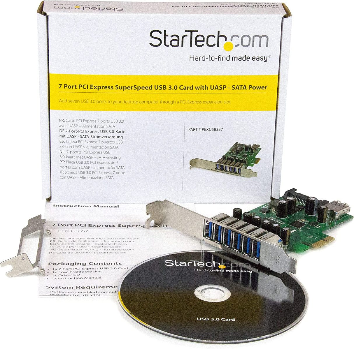 StarTech.com 7 Port PCI Express USB 3.0 Card - Standard &amp; Low-Profile - SATA Power - UASP Support - 1 Internal &amp; 6 External USB 3.0 Ports (PEXUSB3S7)