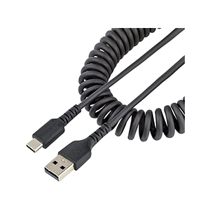 StarTech.com 3ft (1m) USB A to C Charging Cable, Coiled Heavy Duty Fast Charge &amp; Sync USB-C Cable, USB 2.0 A to Type-C Cable, Rugged Aramid Fiber, Durable Male to Male USB, Black (R2ACC-1M-USB-CABLE)