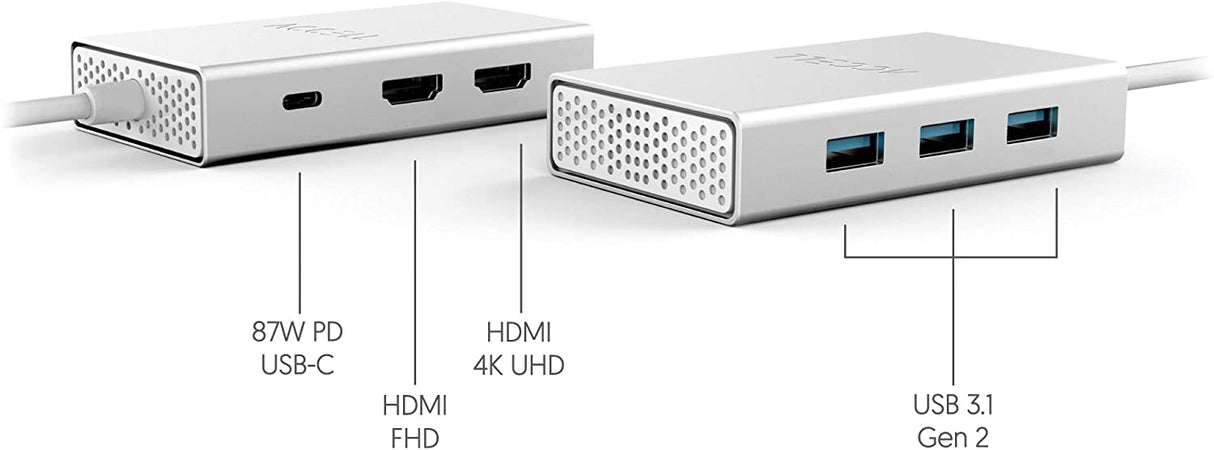 Accell Air USB C 4K InstantView Hub Dual Display HDMI - 3 x USB-A 3.1 (10Gbps), 2 x HDMI, 87W Power Delivery Type-C, Silver (U240B-002K) - Dealtargets.com