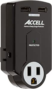 Accell Power Travel Surge Protector - 3 Outlets, 2 USB Charging Ports (2.1A Output), Folding Plug - Black, 612 Joules, ETL Listed Black Power Travel - Dealtargets.com