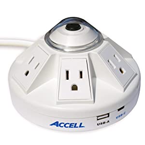 Accell Powramid USB-C Surge Protector - USB-C &amp; USB-A Charging Ports (3.4A), 6 Outlets, 6-Foot Cord, 1080 Joules, UL Certified - White Grounded Extension Cord Power Strip D080B-032K White Powramid C - Dealtargets.com