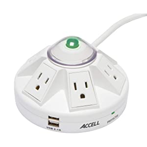 Accell Powramid USB Surge Protector - 2 USB Charging Ports (2.1A), 6 Outlets, 6-Foot Cord, 1080 Joules, UL Listed - White Grounded Extension Cord Power Strip, Model:D080B-014K White Powramid USB - Dealtargets.com