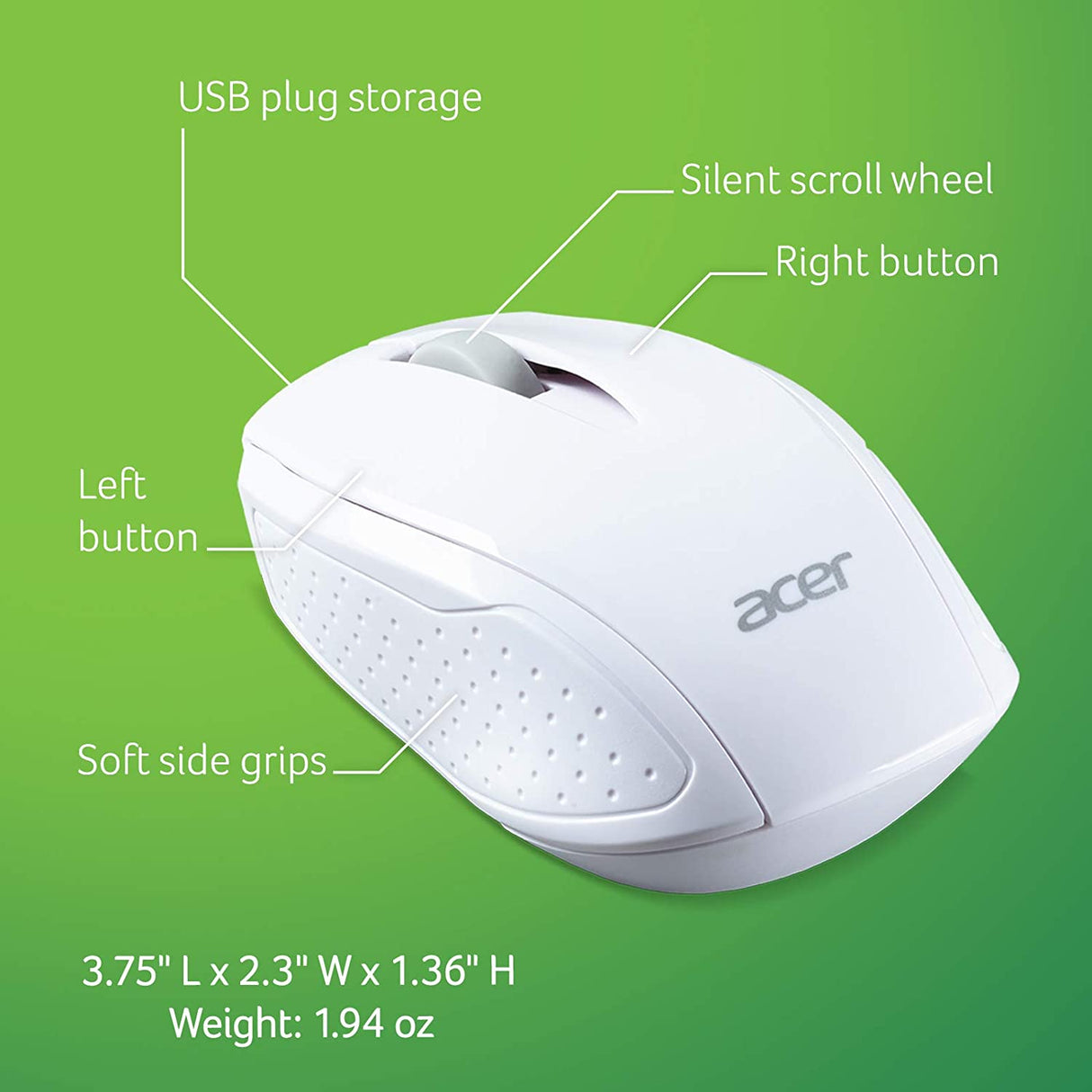 Acer RF Wireless Mouse (White), Works with Chromebook, with USB Plug and Play for Right/Left Handed Users (for Chromebooks, Windows PC &amp; Mac) White Chromebook Mouse - Dealtargets.com