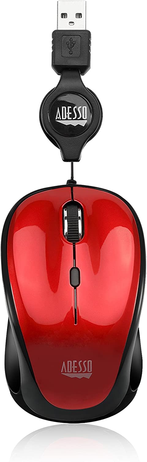 Adesso Ergonomic iMouse S8 - Retractable Optical USB Mouse (Red) - Dealtargets.com