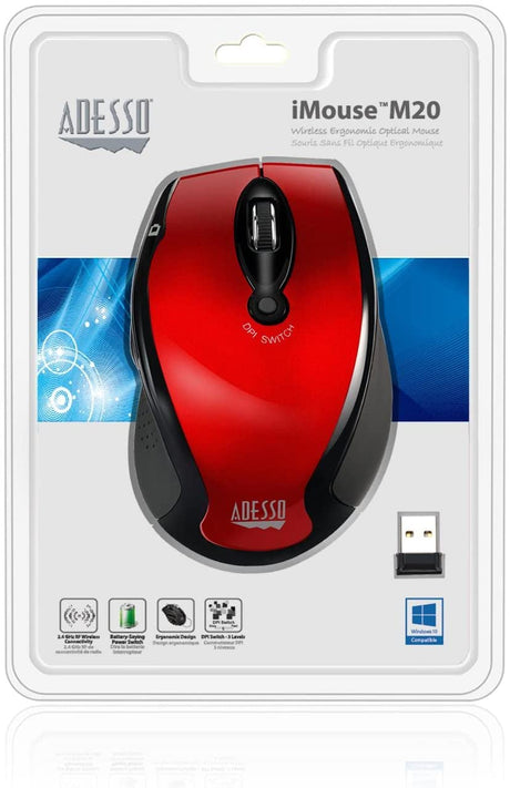 Adesso iMouse M20R – Wireless Ergonomic Optical Mouse, Red - Dealtargets.com