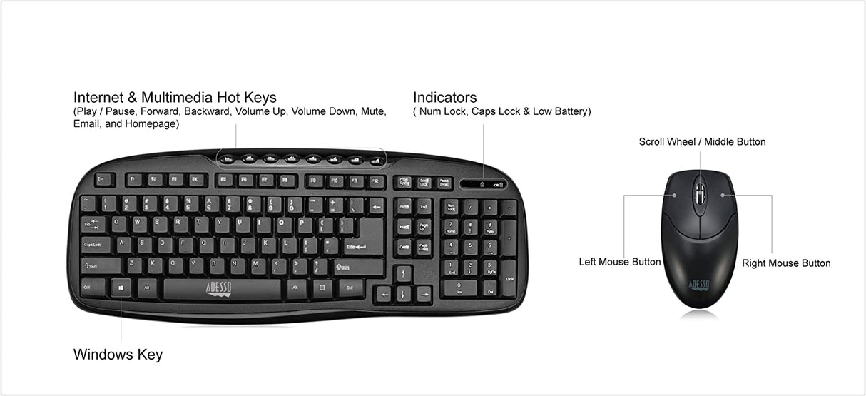 Adesso WKB-1330CB - Wireless Keyboard and Mouse Combo, Desktop Keyboard, Ambidextrous Mouse, Multimedia Hotkeys, Long Battery Life with USB Nano Receiver for Desktop/PC/Windows XP/7/8/10,Black - Dealtargets.com