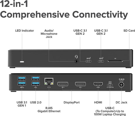 ALOGIC MA3-Triple Display Docking Station, USB-C Dock with 100W PD (Laptop Charging), 2xDisplayPort, HDMI, 2xUSB-C 3.1 Gen 2,2xUSB-A 3.1 Gen1,2xUSB-A 2.0,Audio Jack,Ethernet,SD Card Reader. - Dealtargets.com