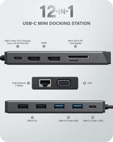 ALOGIC USB-C 12-in-1 Mini Docking Station, Dual Display, 2xHDMI, 1xVGA, 100W PD, 2xUSB-C, 2xUSB-A 2.0, 2xUSB-A 3.0, RJ45, 1x SD/TF Port, MacBook/Surface &amp; Other USB-C Devices Compatible. - Dealtargets.com